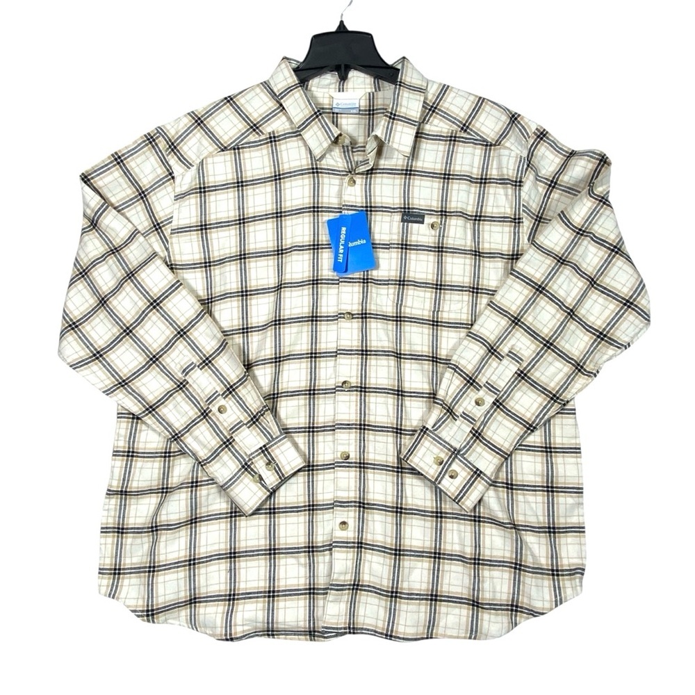 Columbia Cornell Woods Flannel Shirt Mens XXL Beige Blue Long Sleeve Reg Fit NWT
